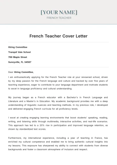 Free French Teacher Cover Letter to Edit Online