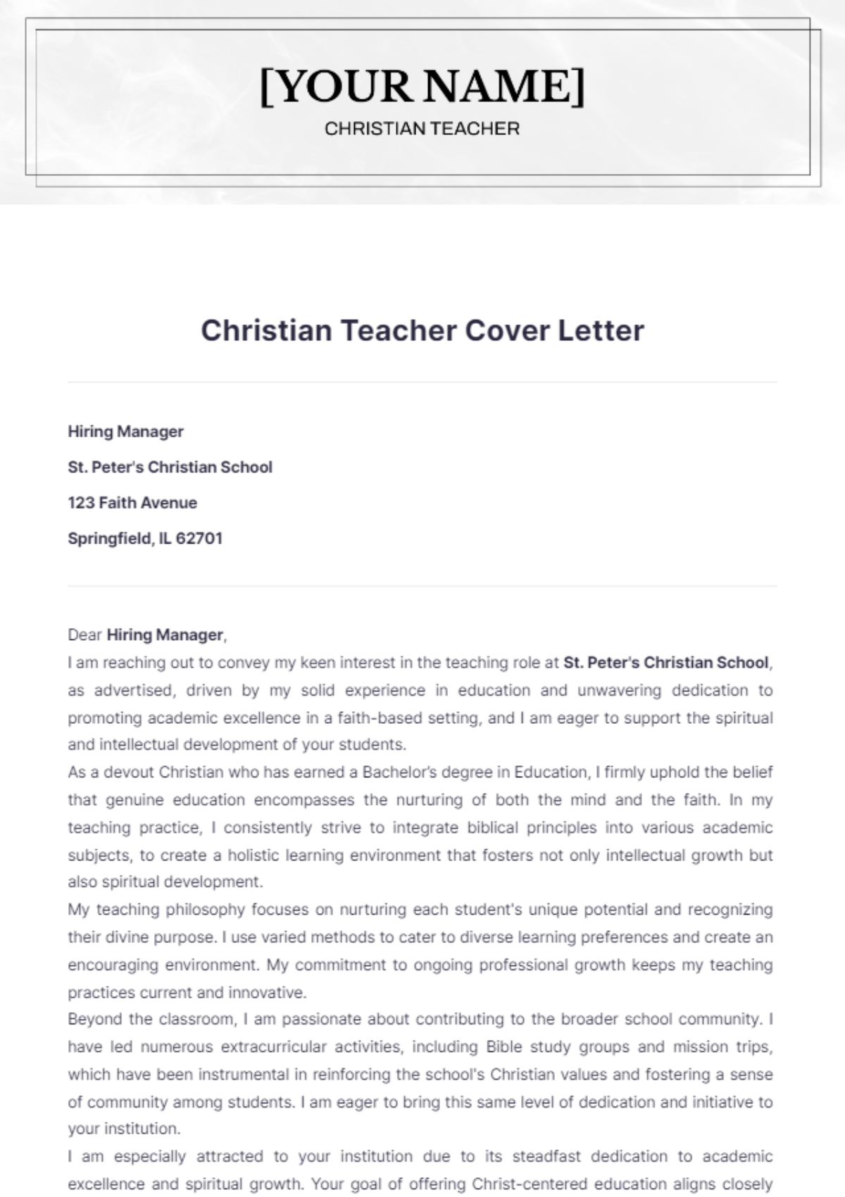 Christian Teacher Cover Letter - Edit Online & Download