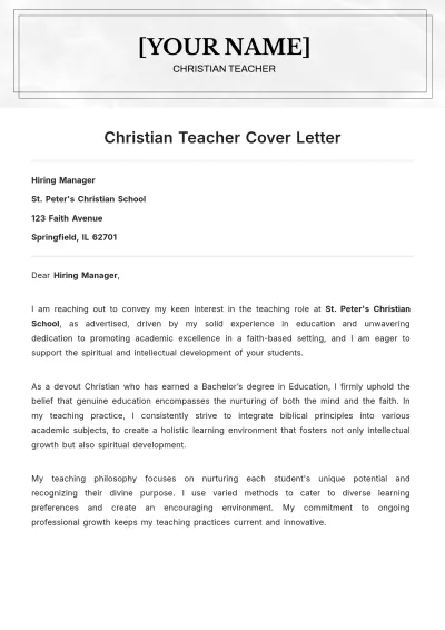 Free Christian Teacher Cover Letter to Edit Online