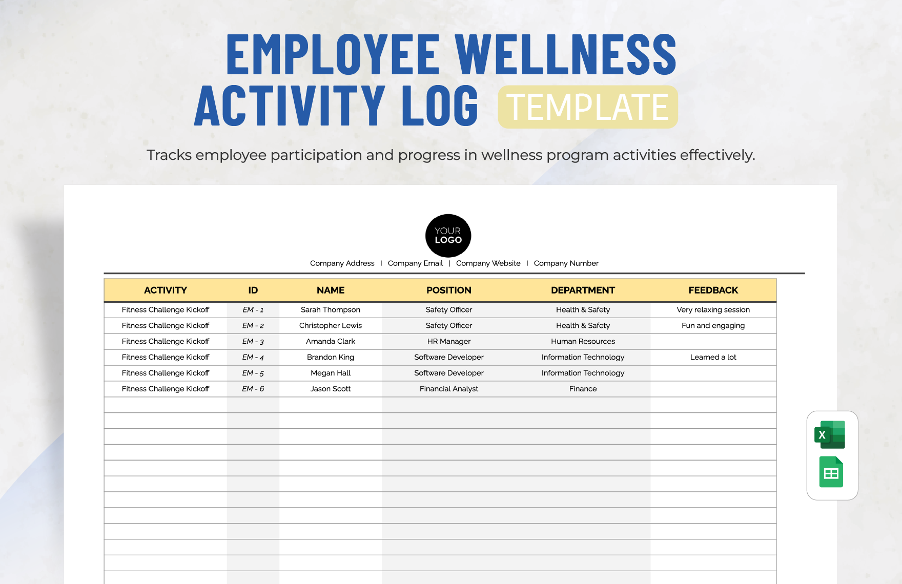 Employee Wellness Activity Log Template in Excel, Google Sheets