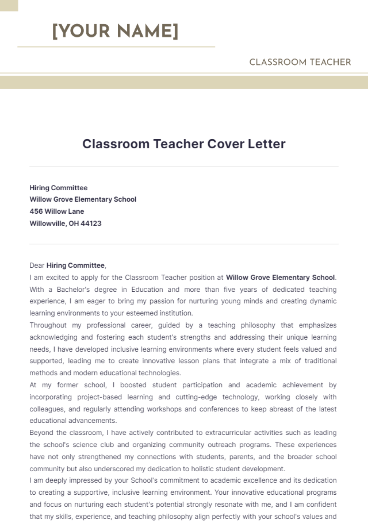 Classroom Teacher Cover Letter - Edit Online & Download