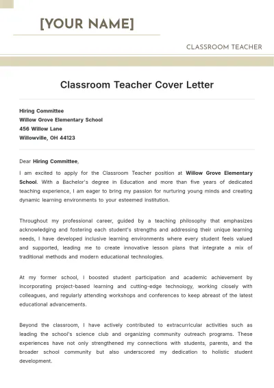 Free Classroom Teacher Cover Letter to Edit Online