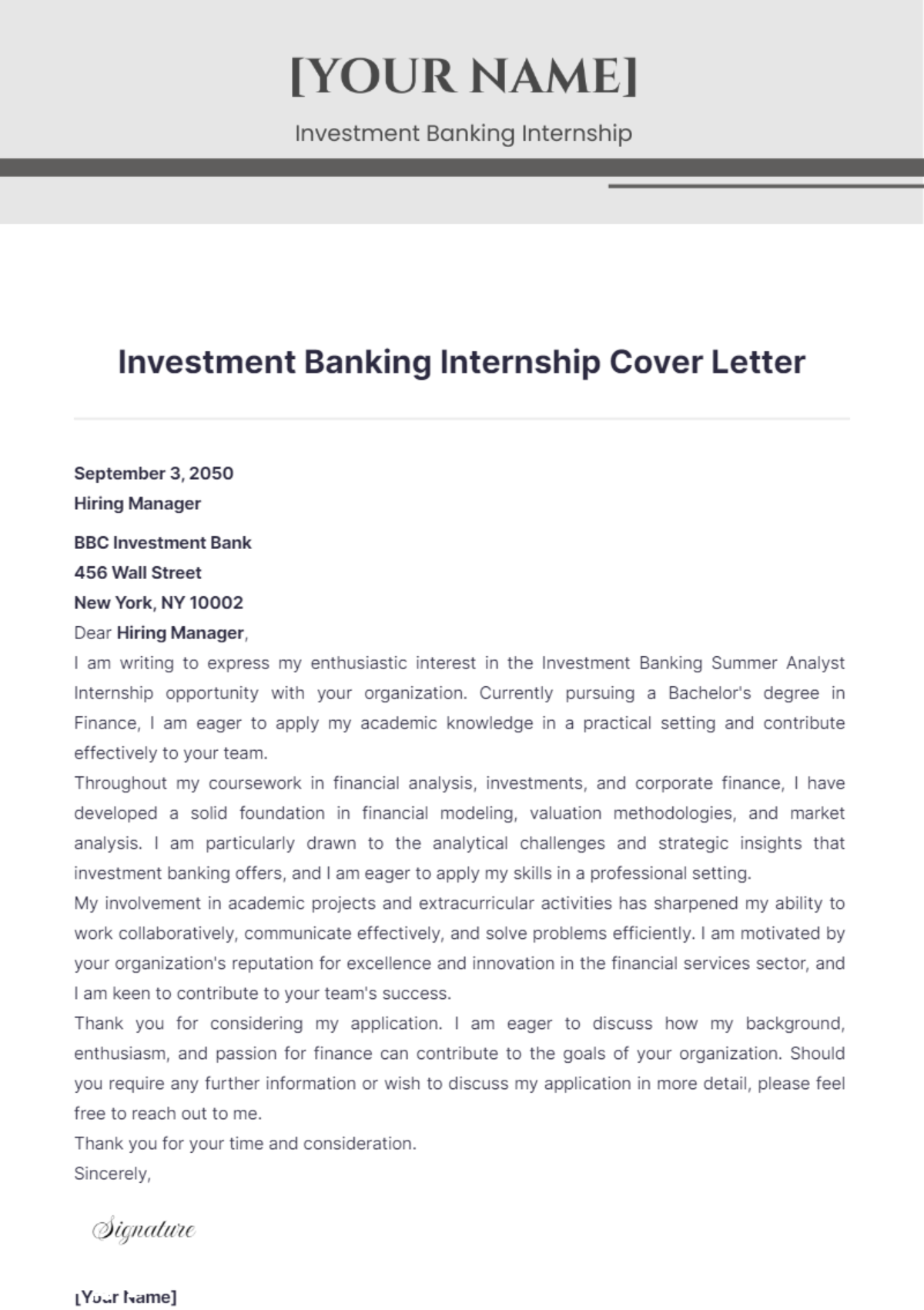 Investment Banking Internship Cover Letter - Edit Online & Download