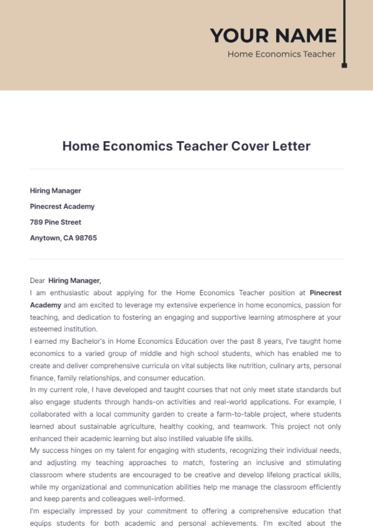 Home Economics Teacher Cover Letter - Edit Online & Download