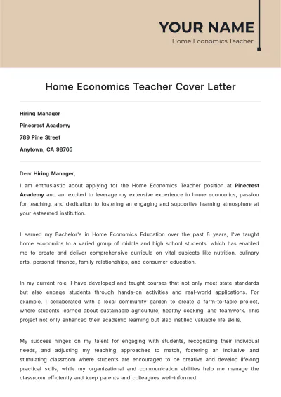 Free Home Economics Teacher Cover Letter to Edit Online