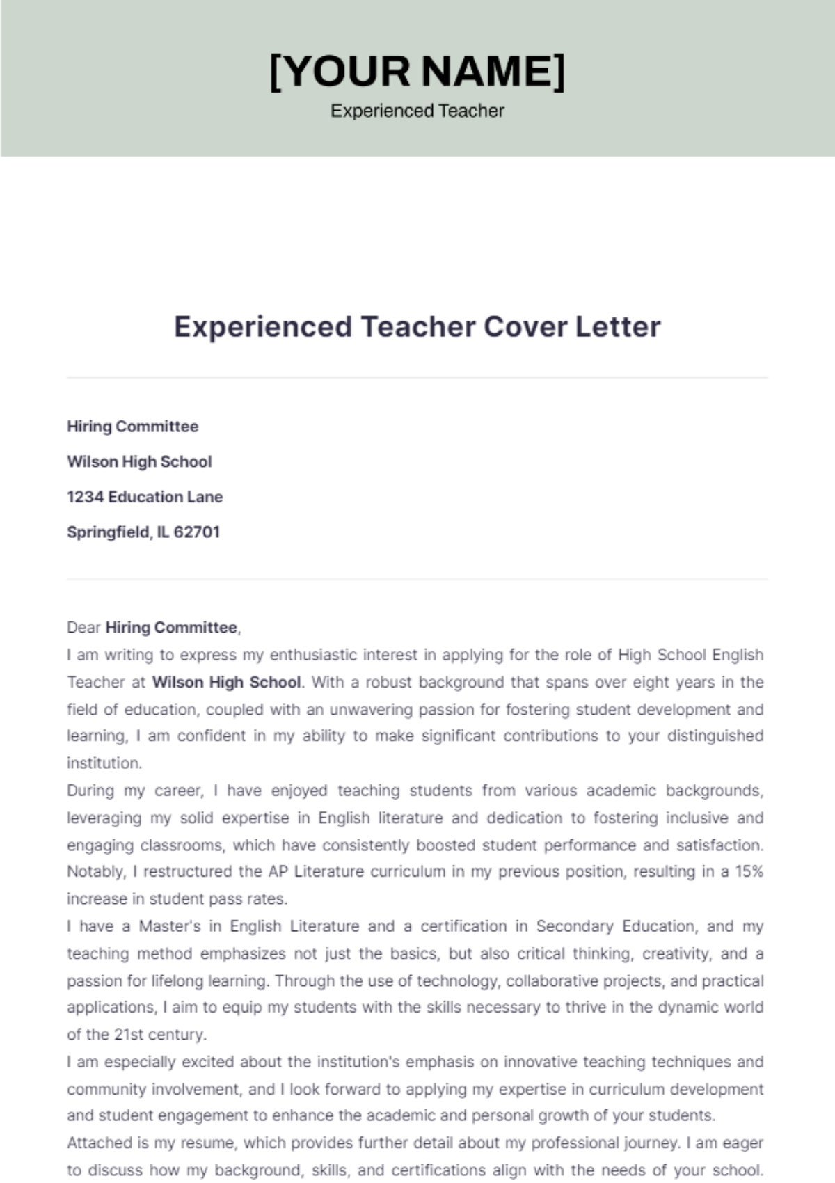 Experienced Teacher Cover Letter - Edit Online & Download