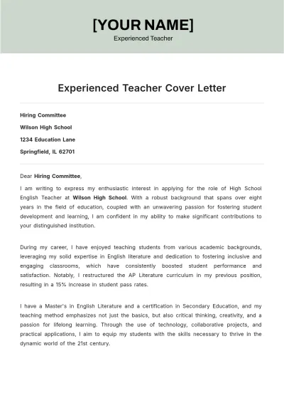Free Experienced Teacher Cover Letter to Edit Online