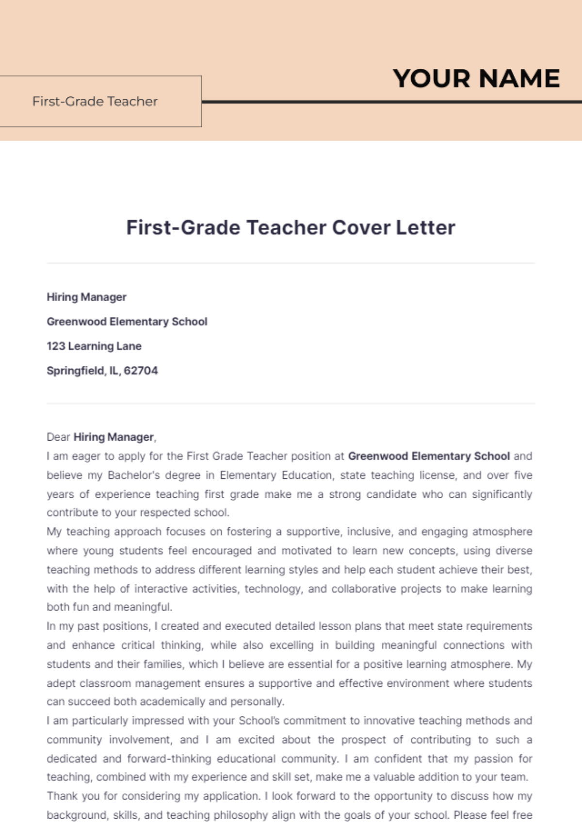 First Grade Teacher Cover Letter - Edit Online & Download