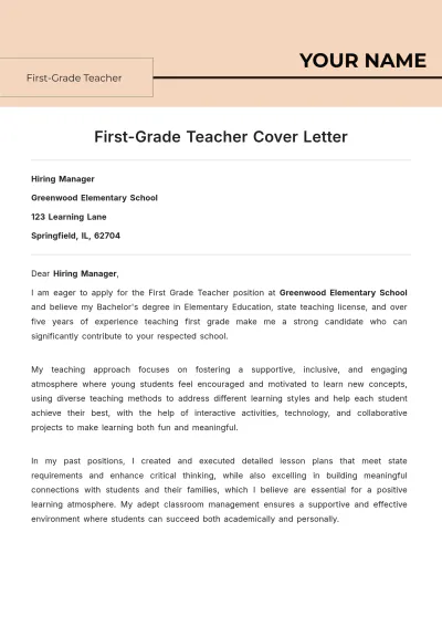 Free First Grade Teacher Cover Letter to Edit Online