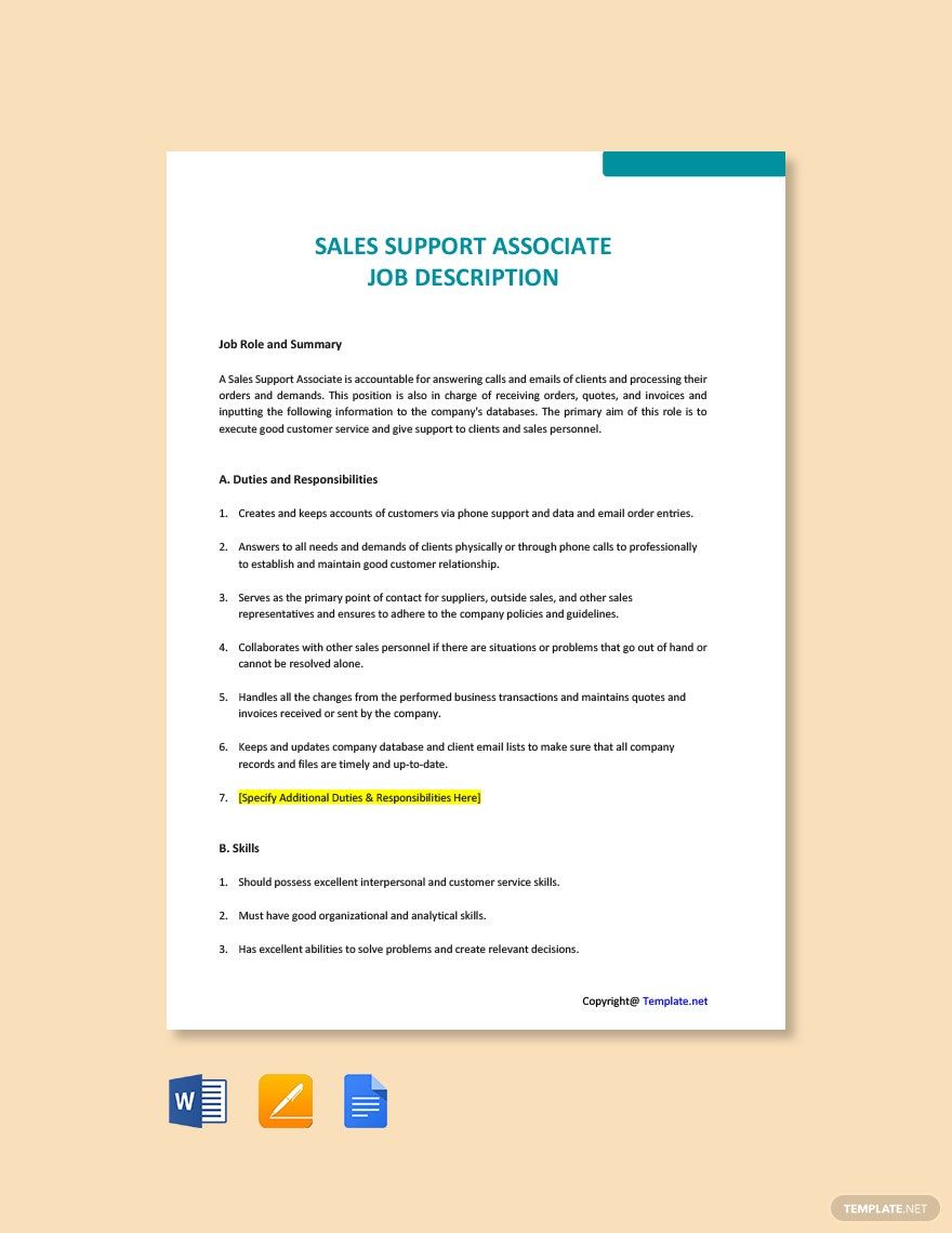 Sales Support Associate Job Ad and Description Template