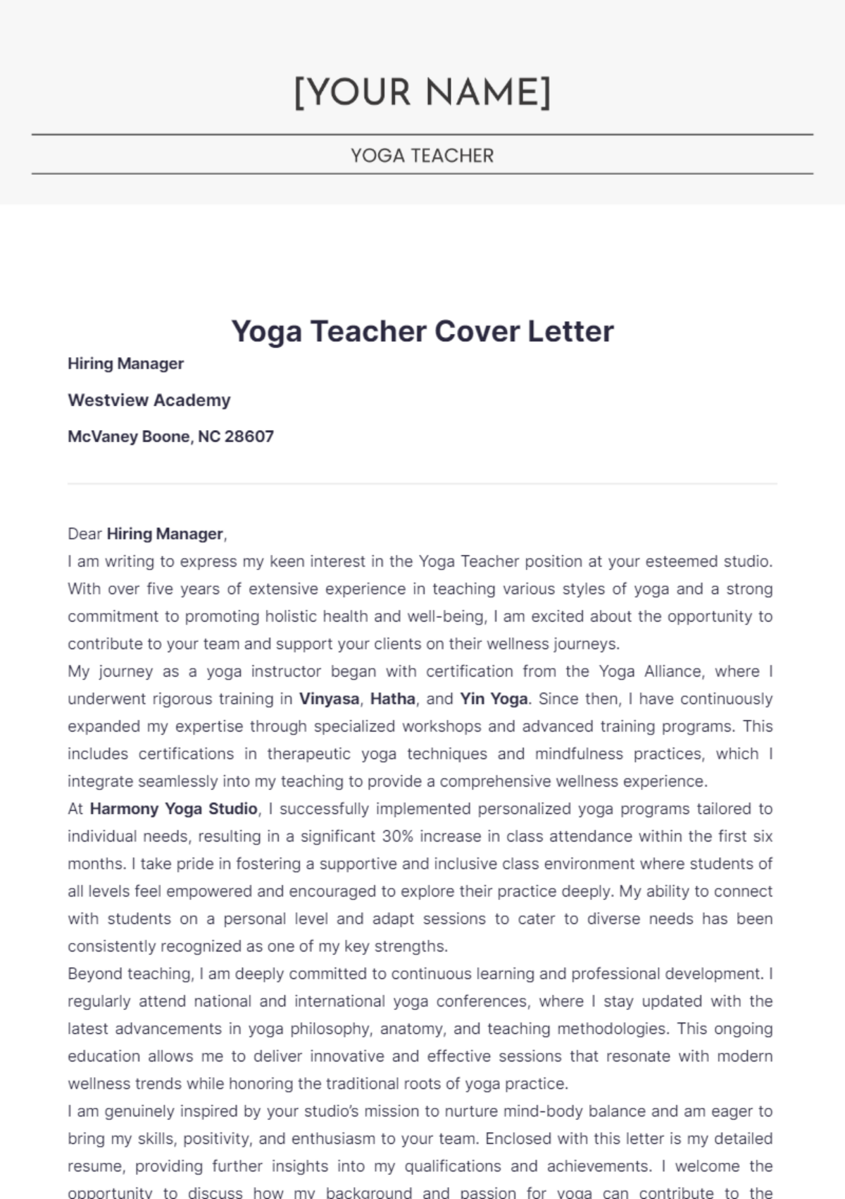 Yoga Teacher Cover Letter