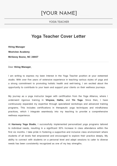 Free Yoga Teacher Cover Letter to Edit Online