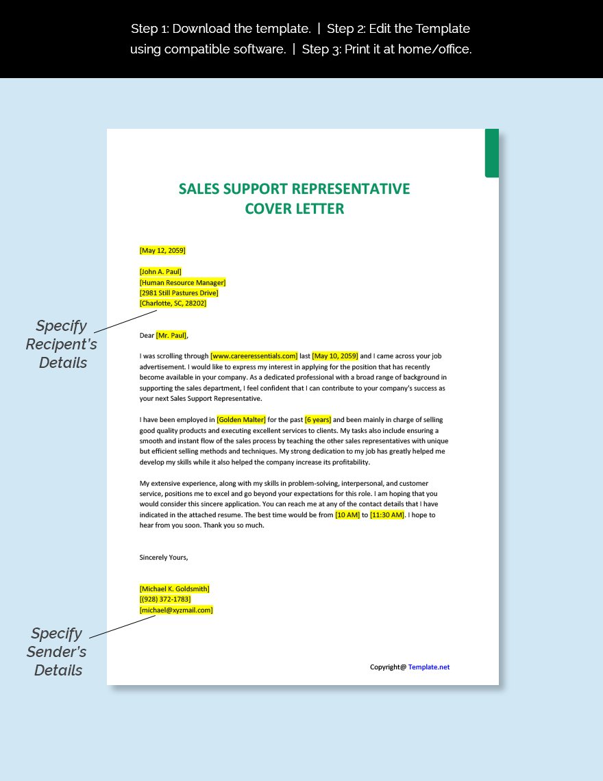 Sales Support Representative Cover Letter Template