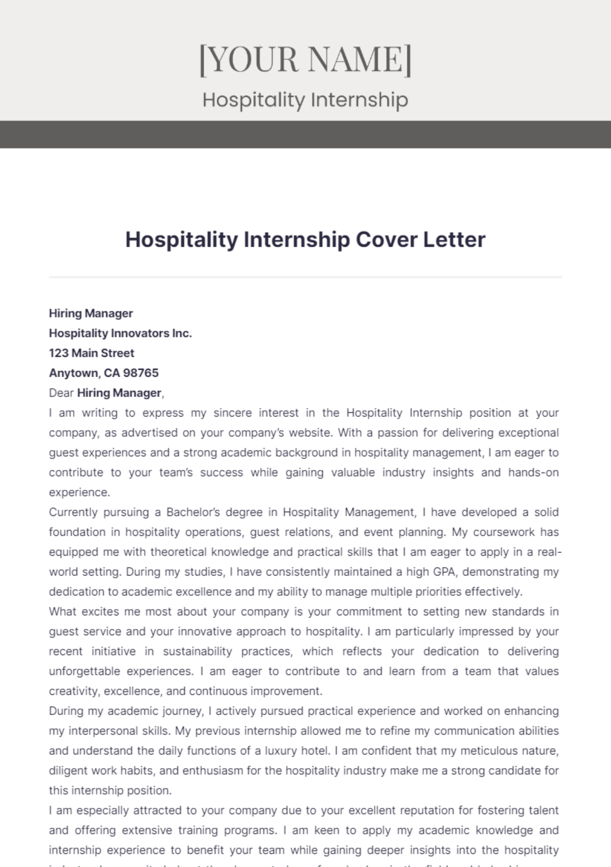 Hospitality Internship Cover Letter - Edit Online & Download