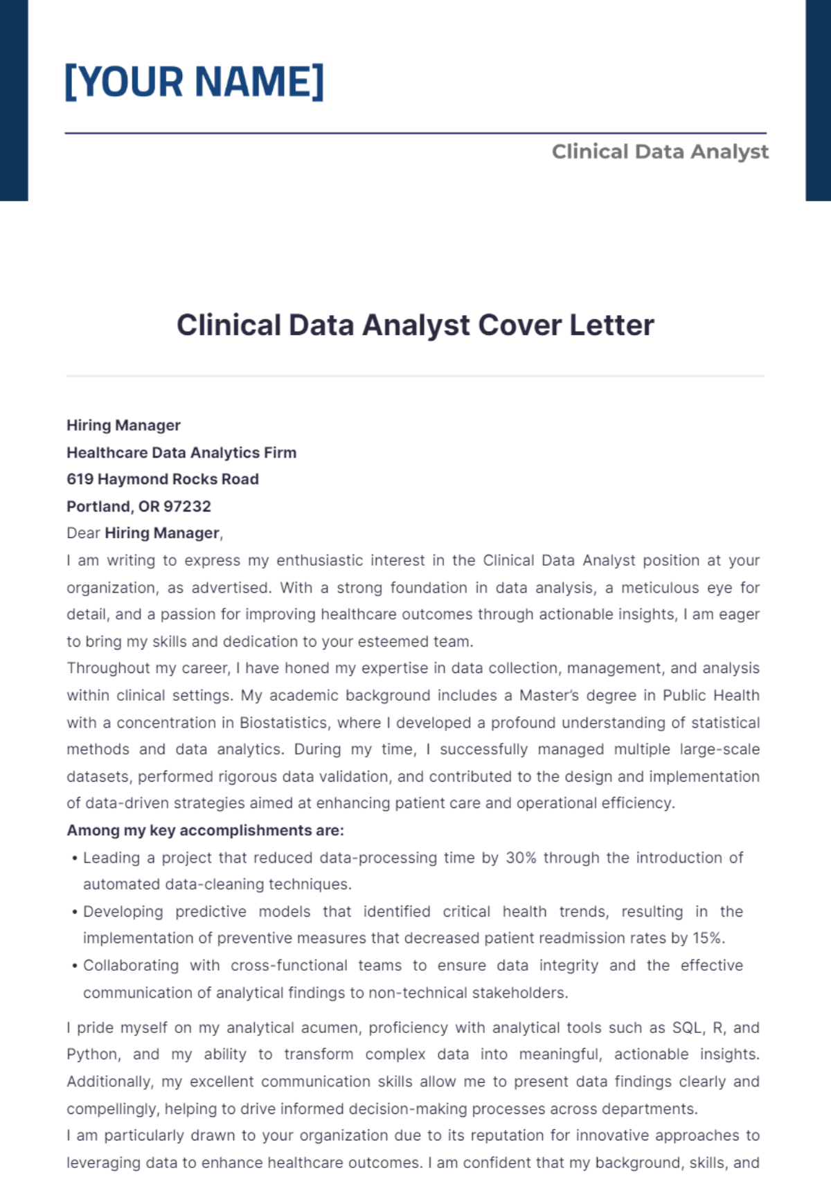 Clinical Data Analyst Cover Letter - Edit Online & Download