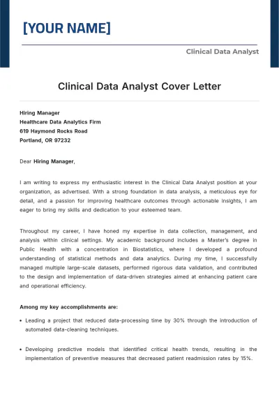 Free Clinical Data Analyst Cover Letter to Edit Online