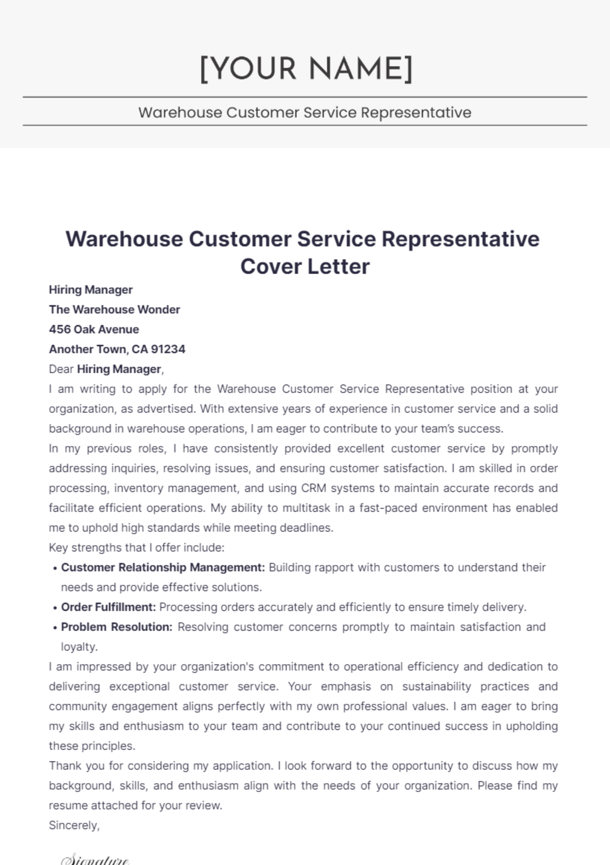 Warehouse Customer Service Representative Cover Letter - Edit Online & Download