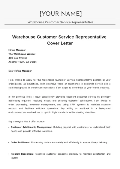 Free Warehouse Customer Service Representative Cover Letter to Edit Online