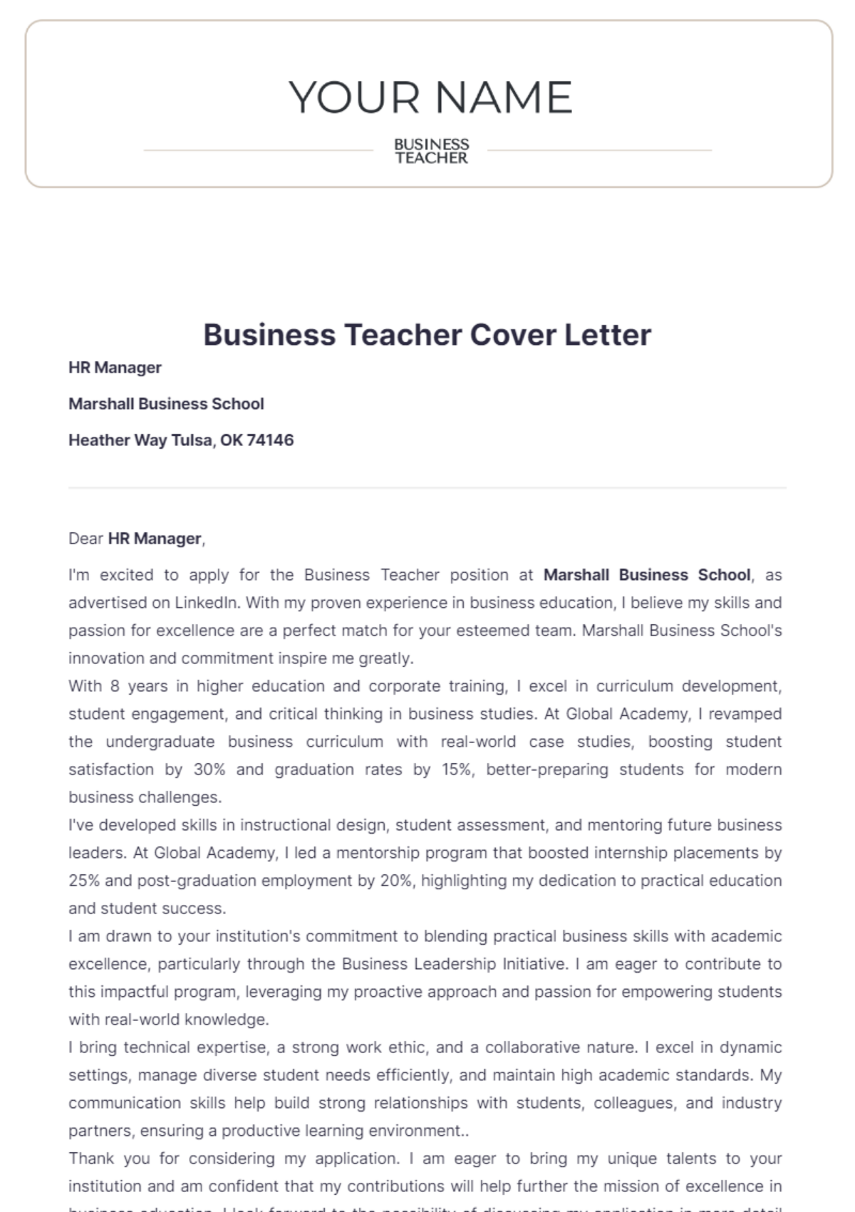 Business Teacher Cover Letter