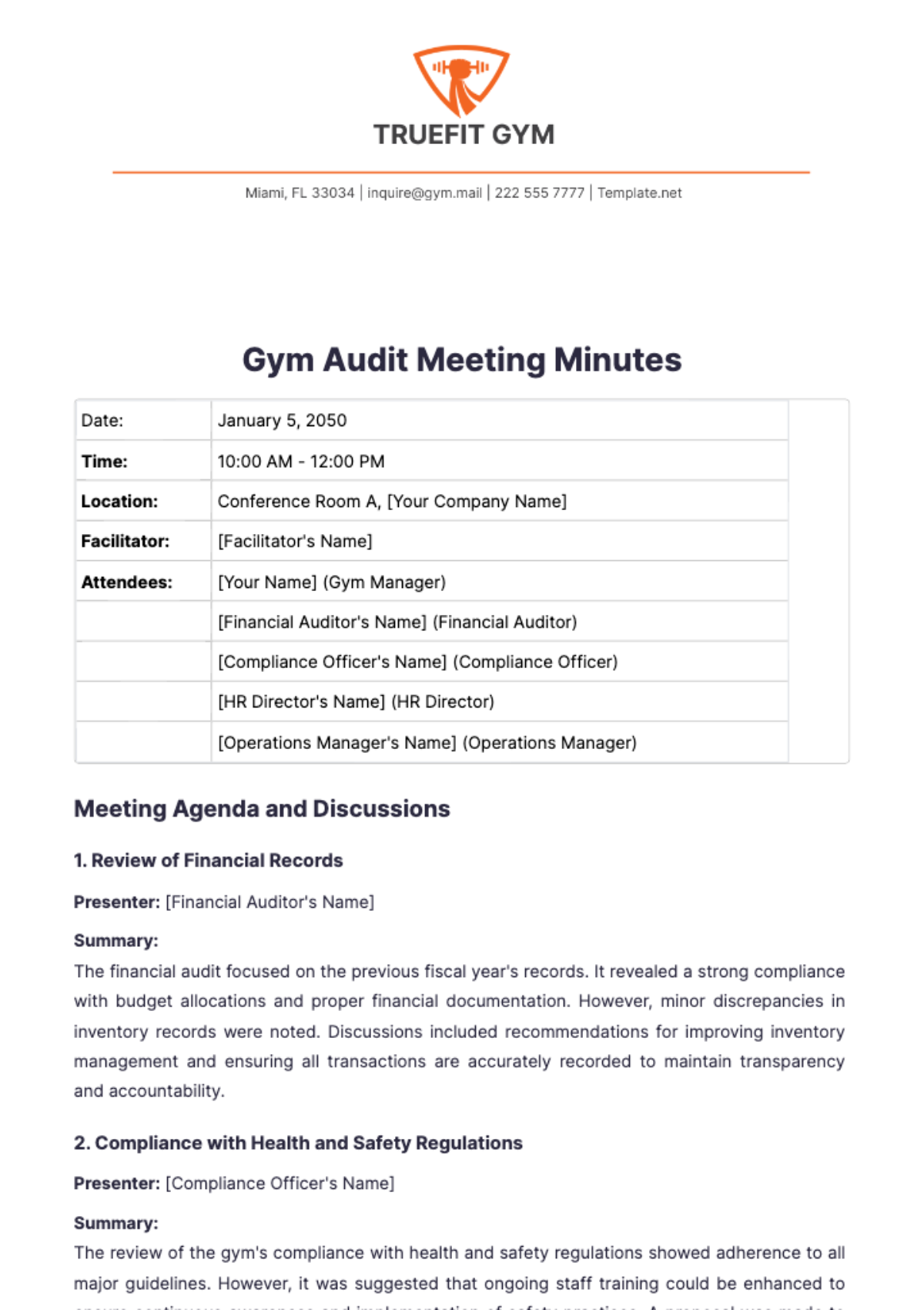 Gym Audit Meeting Minutes Template - Edit Online & Download