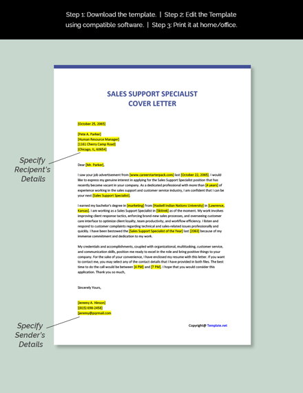 Sales Support Specialist Cover Letter Template
