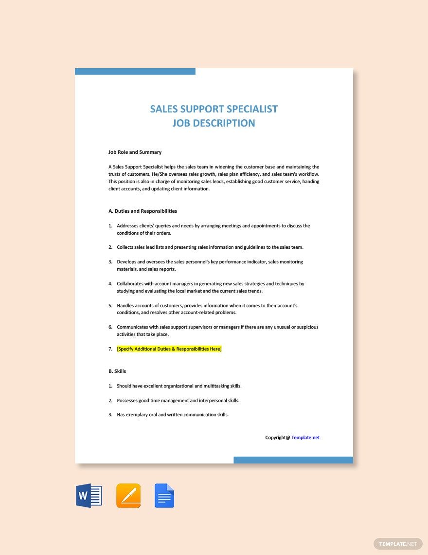 Sales Support Specialist Job Ad And Description Template Download In 