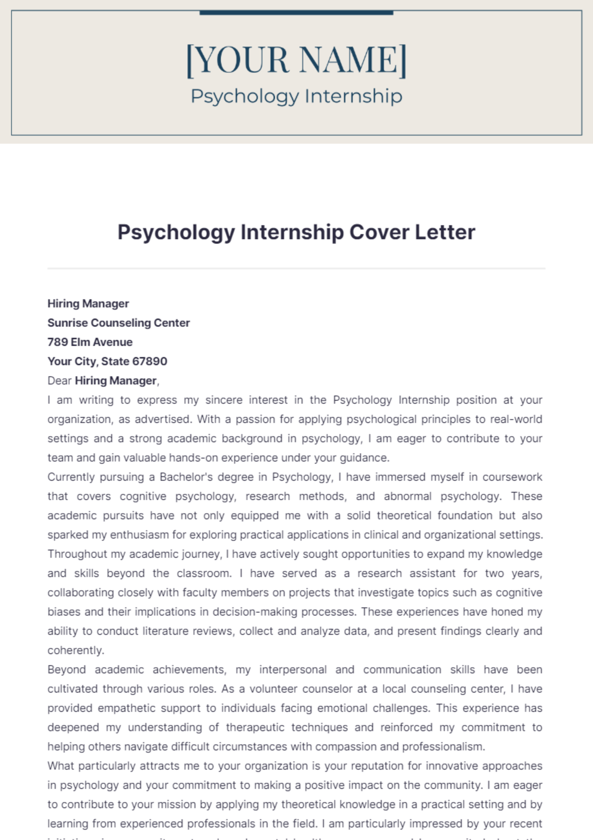 Psychology Internship Cover Letter - Edit Online & Download