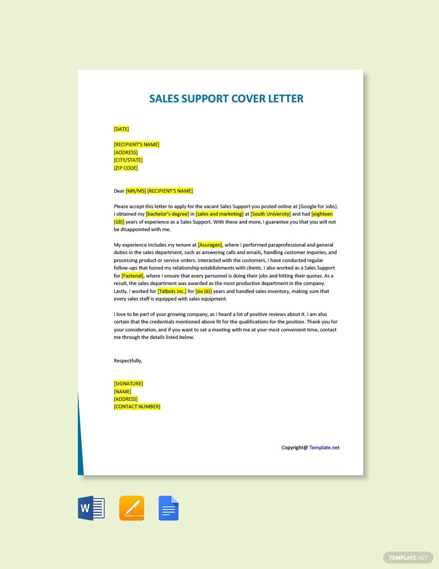 Sales Support Cover Letter