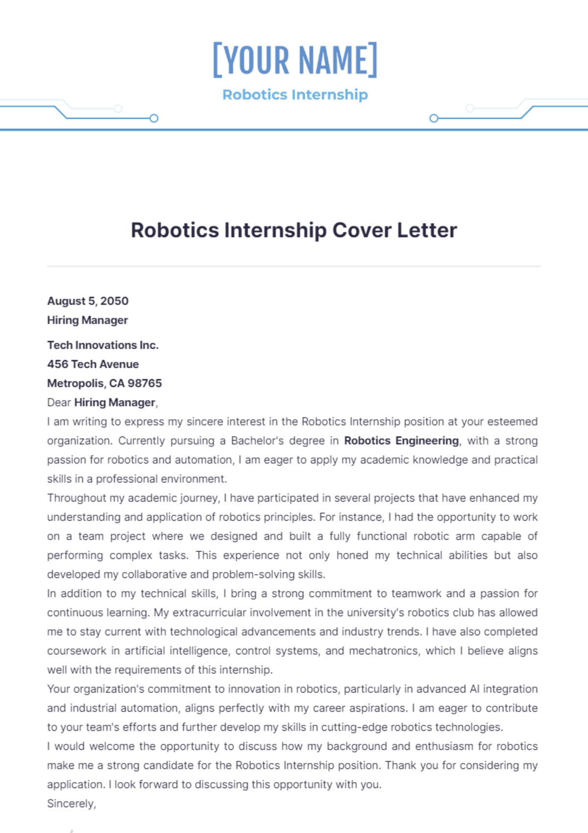 Robotics Internship Cover Letter - Edit Online & Download