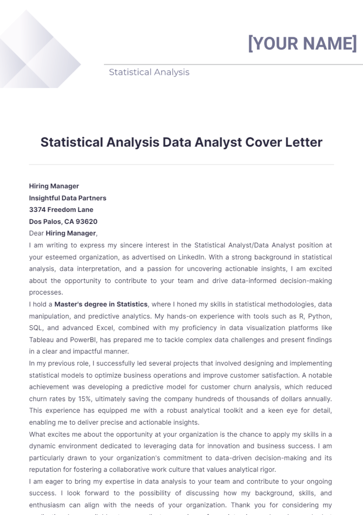 Statistical Analysis Data Analyst Cover Letter - Edit Online & Download