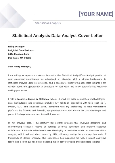 Free Statistical Analysis Data Analyst Cover Letter to Edit Online