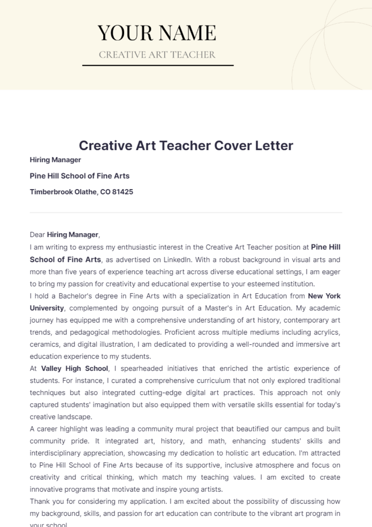 Creative Art Teacher Cover Letter