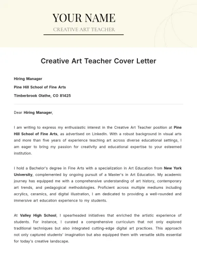 Free Creative Art Teacher Cover Letter to Edit Online