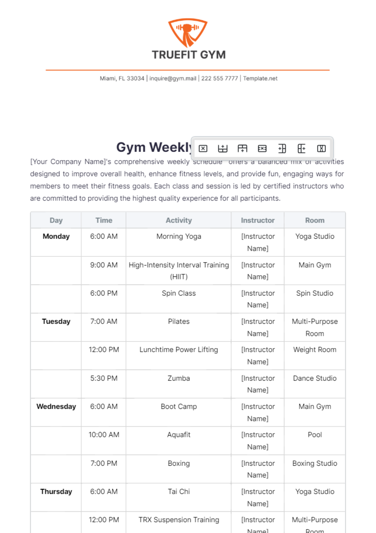 Gym Weekly Schedule Template - Edit Online & Download