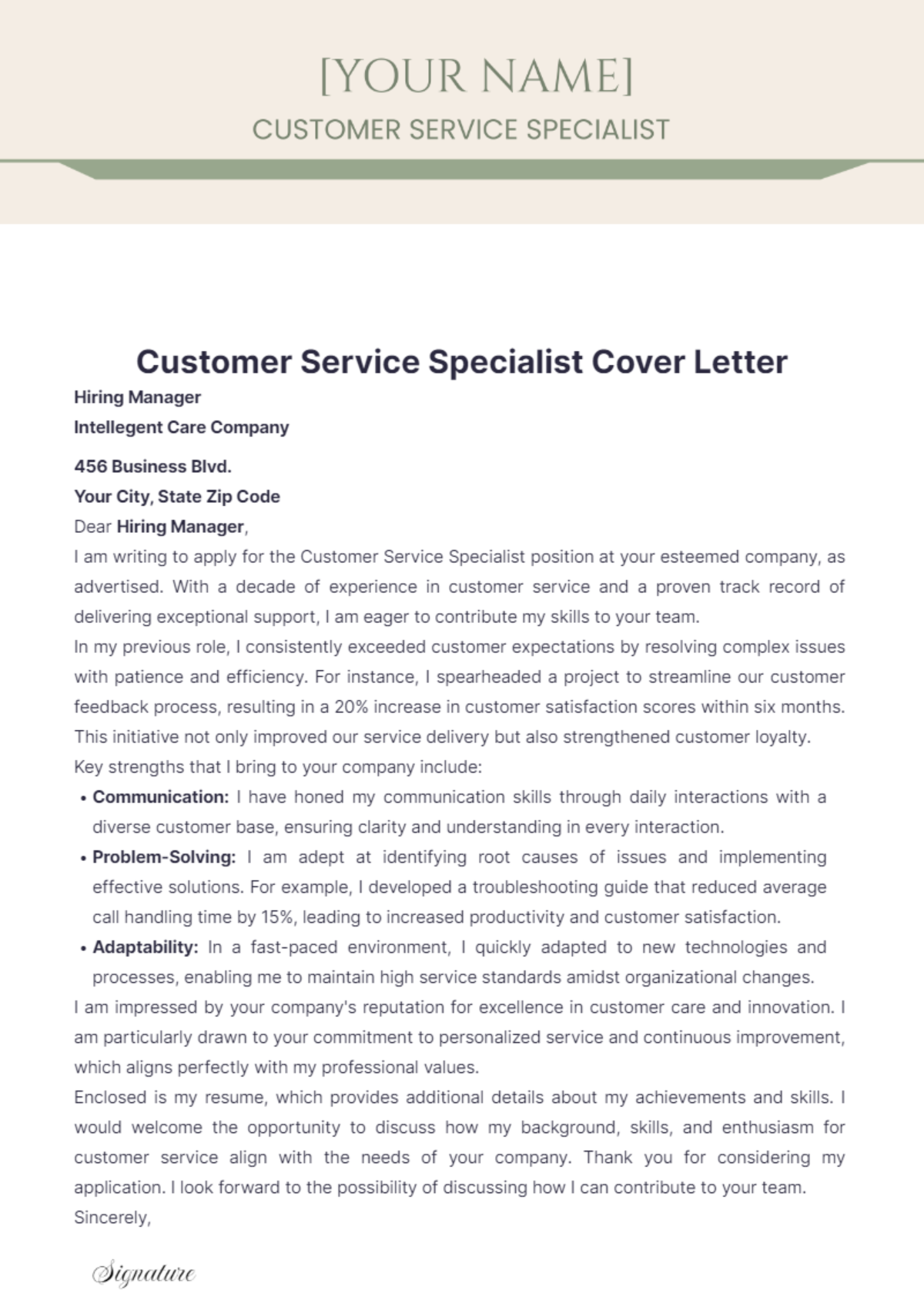 Customer Service Specialist Cover Letter - Edit Online & Download