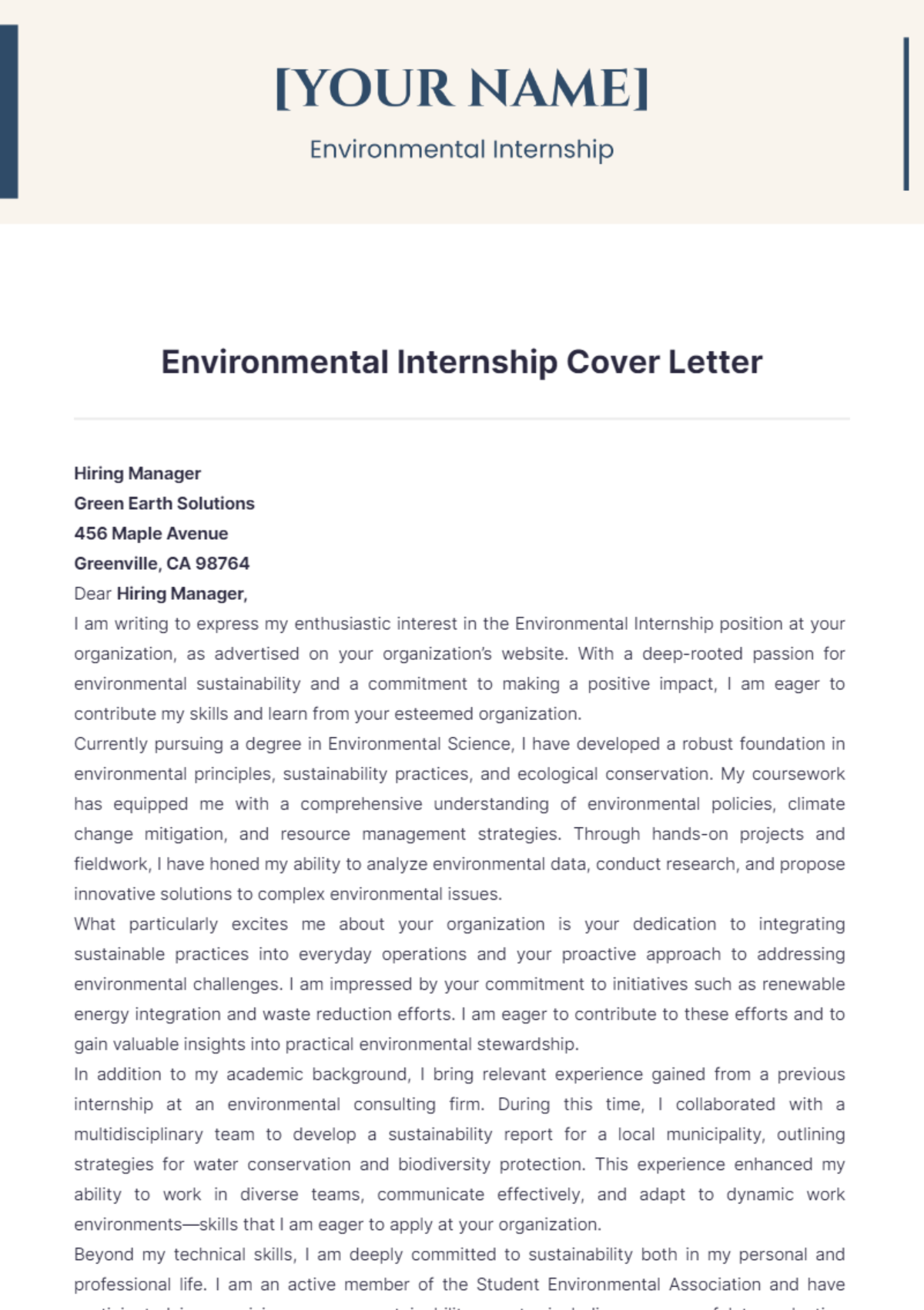 Environmental Internship Cover Letter - Edit Online & Download