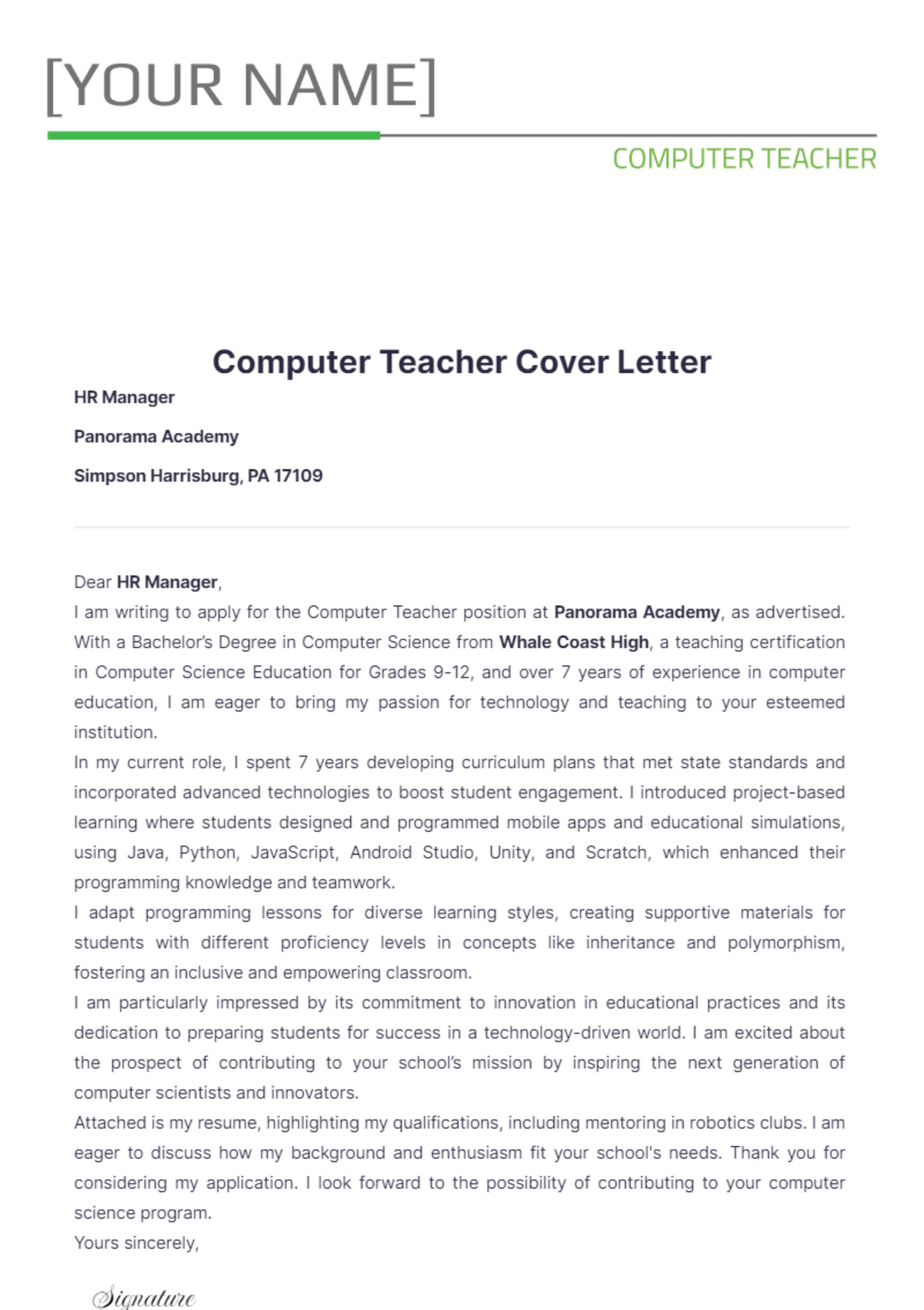 computer teacher cover letter