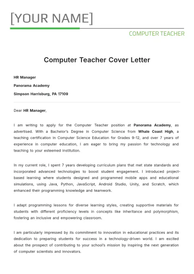 Free Computer Teacher Cover Letter to Edit Online