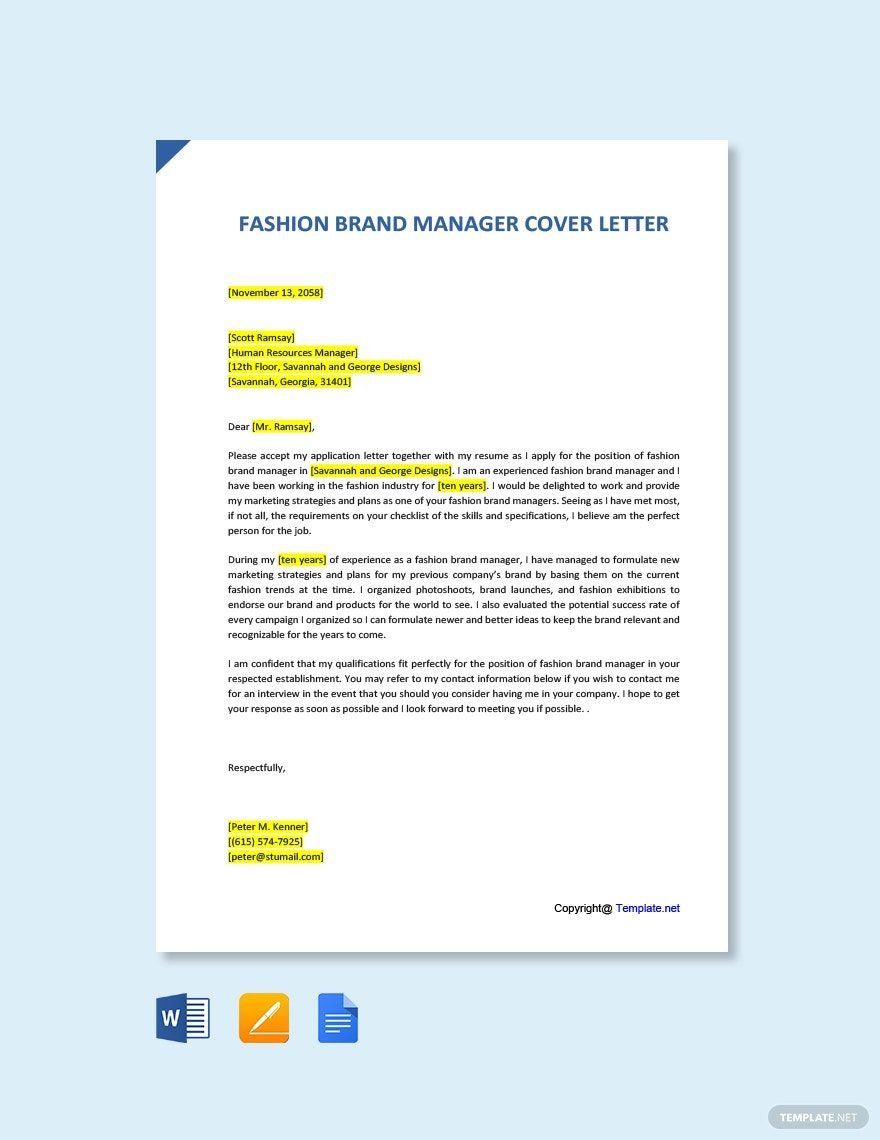 Free Fashion Brand Manager Cover Letter in Word, Google Docs, PDF, Apple Pages