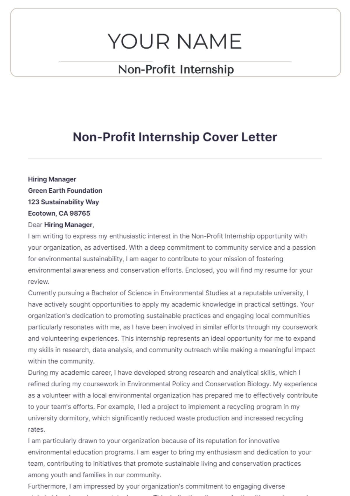 Non-Profit Internship Cover Letter - Edit Online & Download