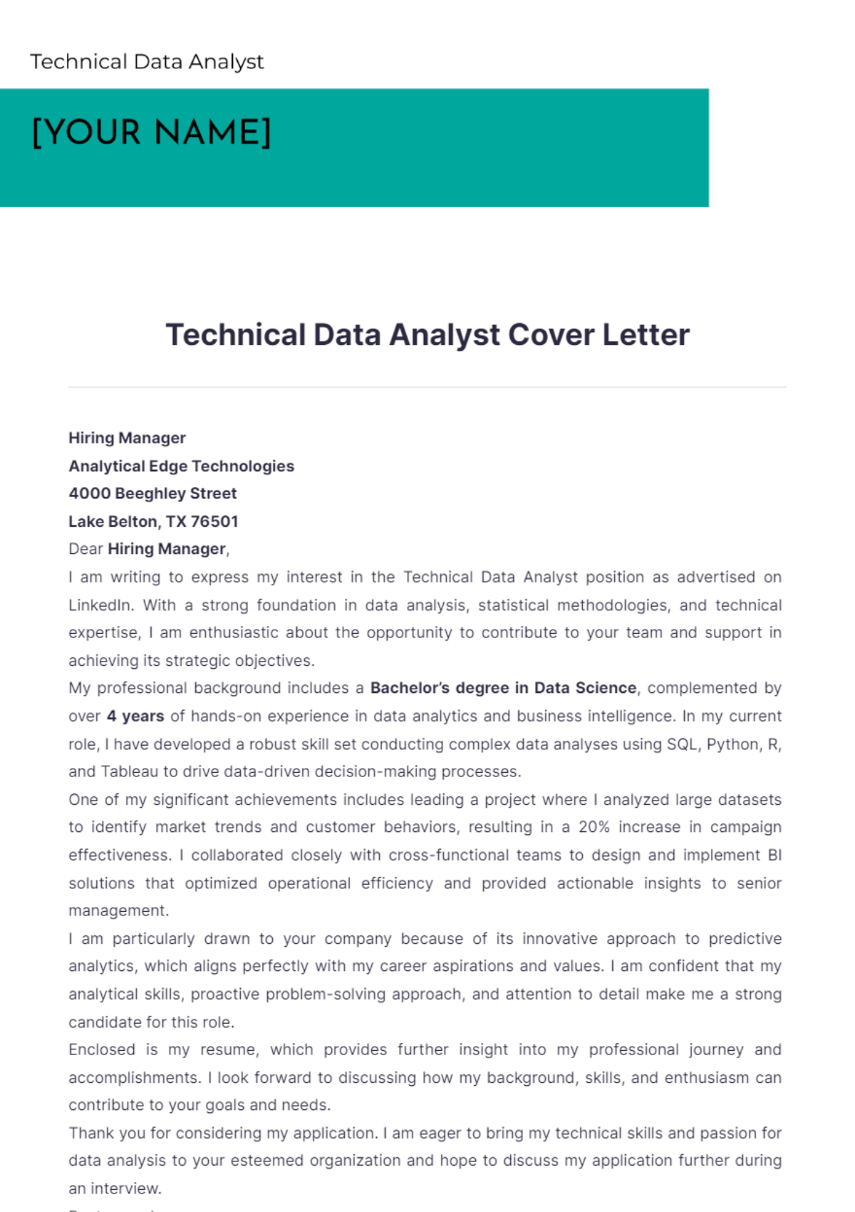 Technical Data Analyst Cover Letter - Edit Online & Download