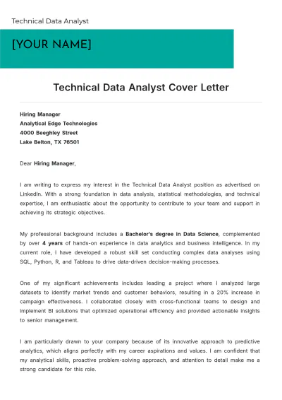 Free Technical Data Analyst Cover Letter to Edit Online