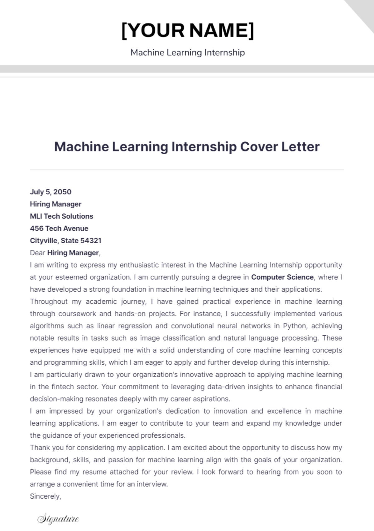 Machine Learning Internship Cover Letter - Edit Online & Download