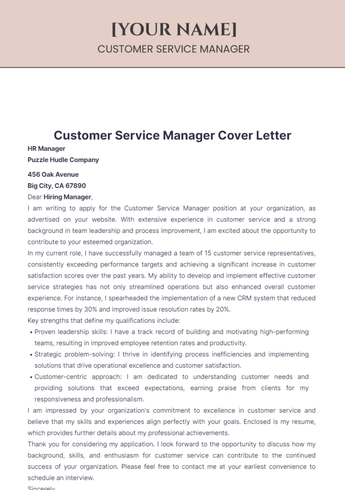 Customer Service Manager Cover Letter - Edit Online & Download