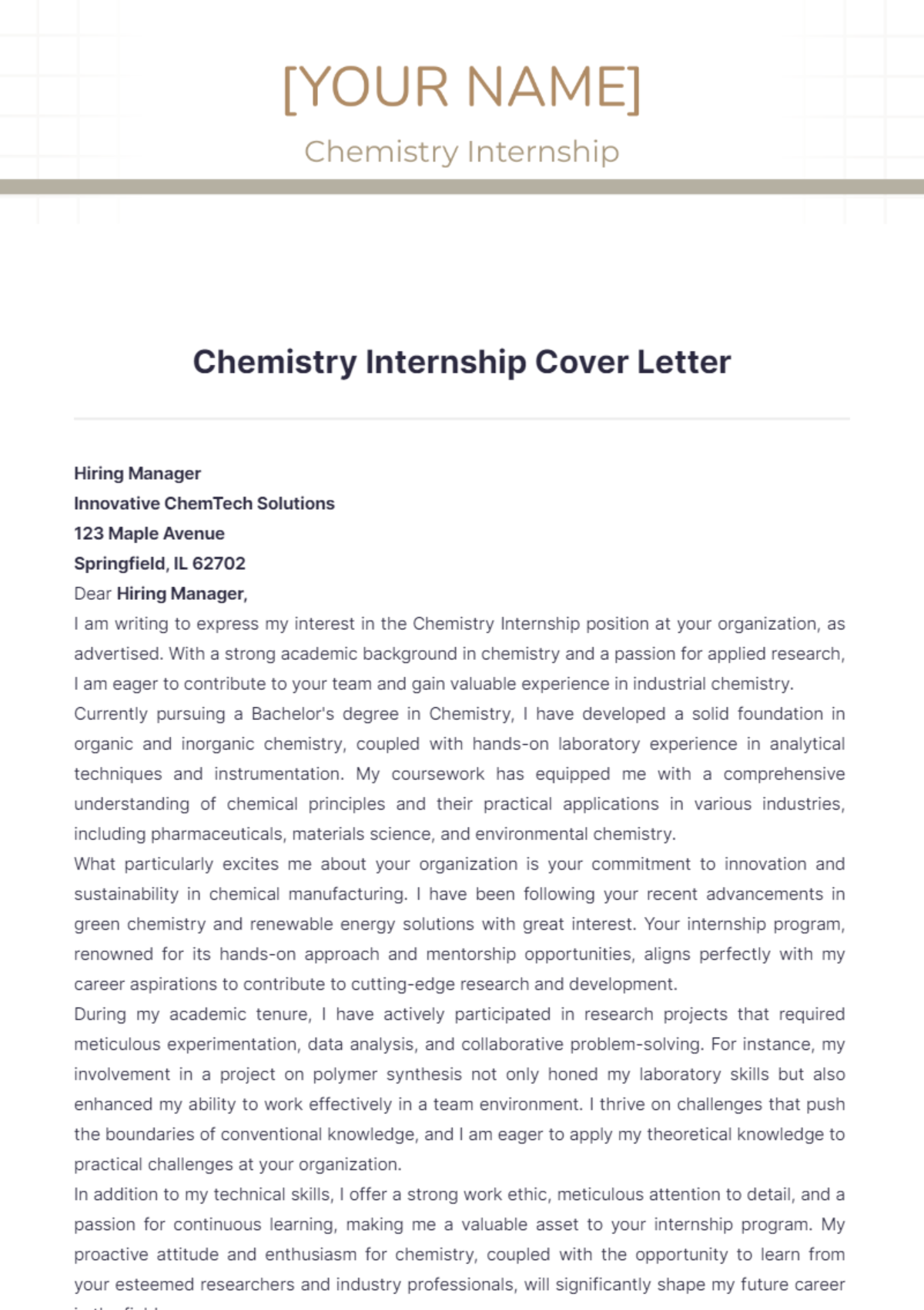 Chemistry Internship Cover Letter - Edit Online & Download