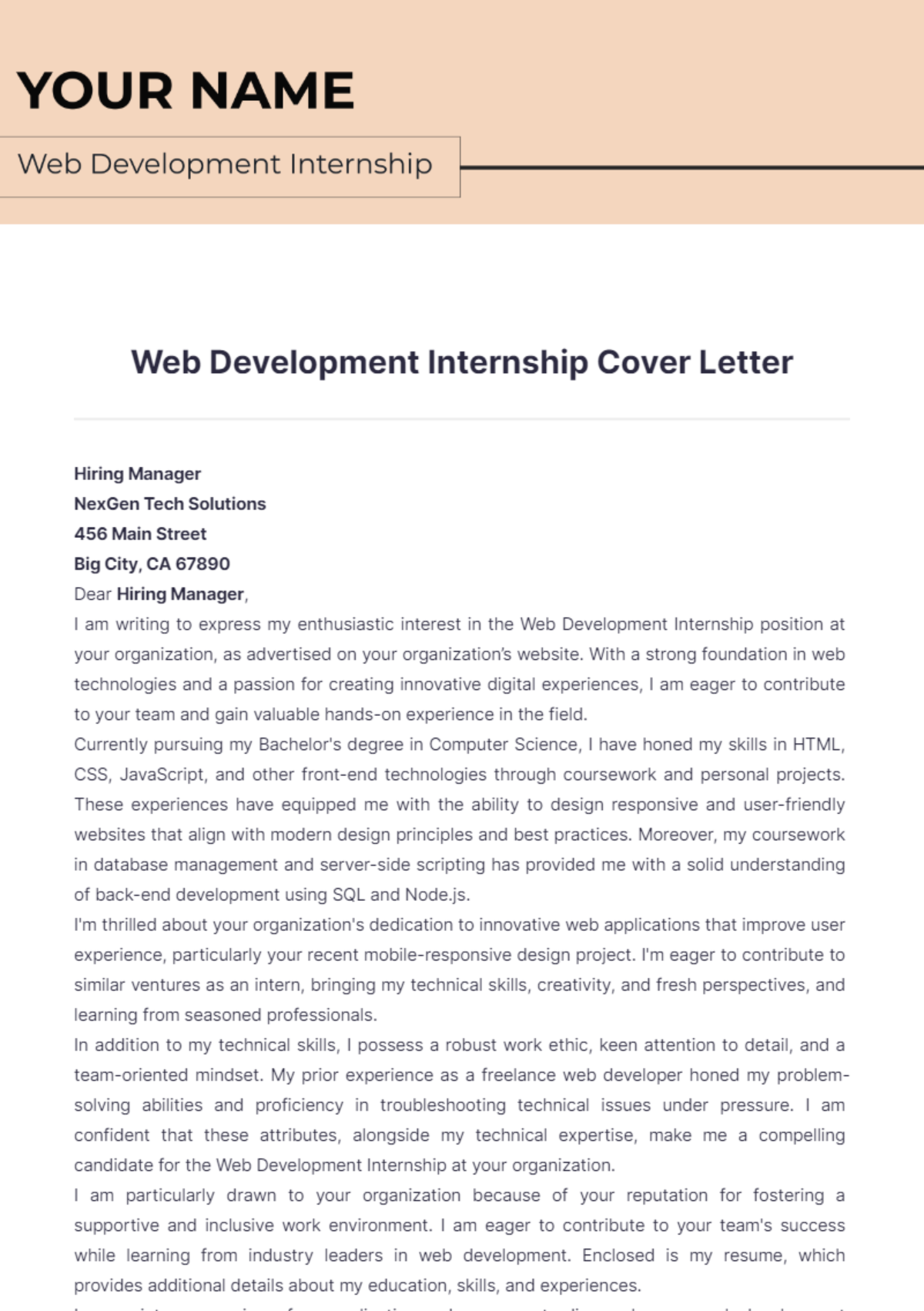 Web Development Internship Cover Letter - Edit Online & Download