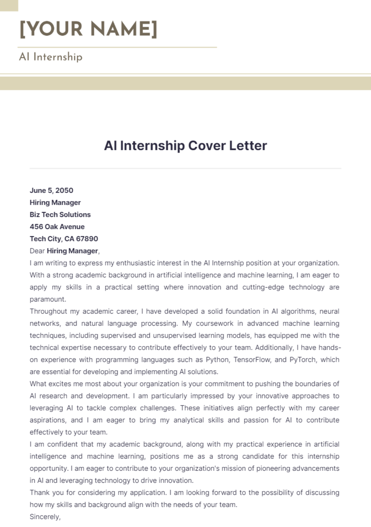 AI Internship Cover Letter - Edit Online & Download