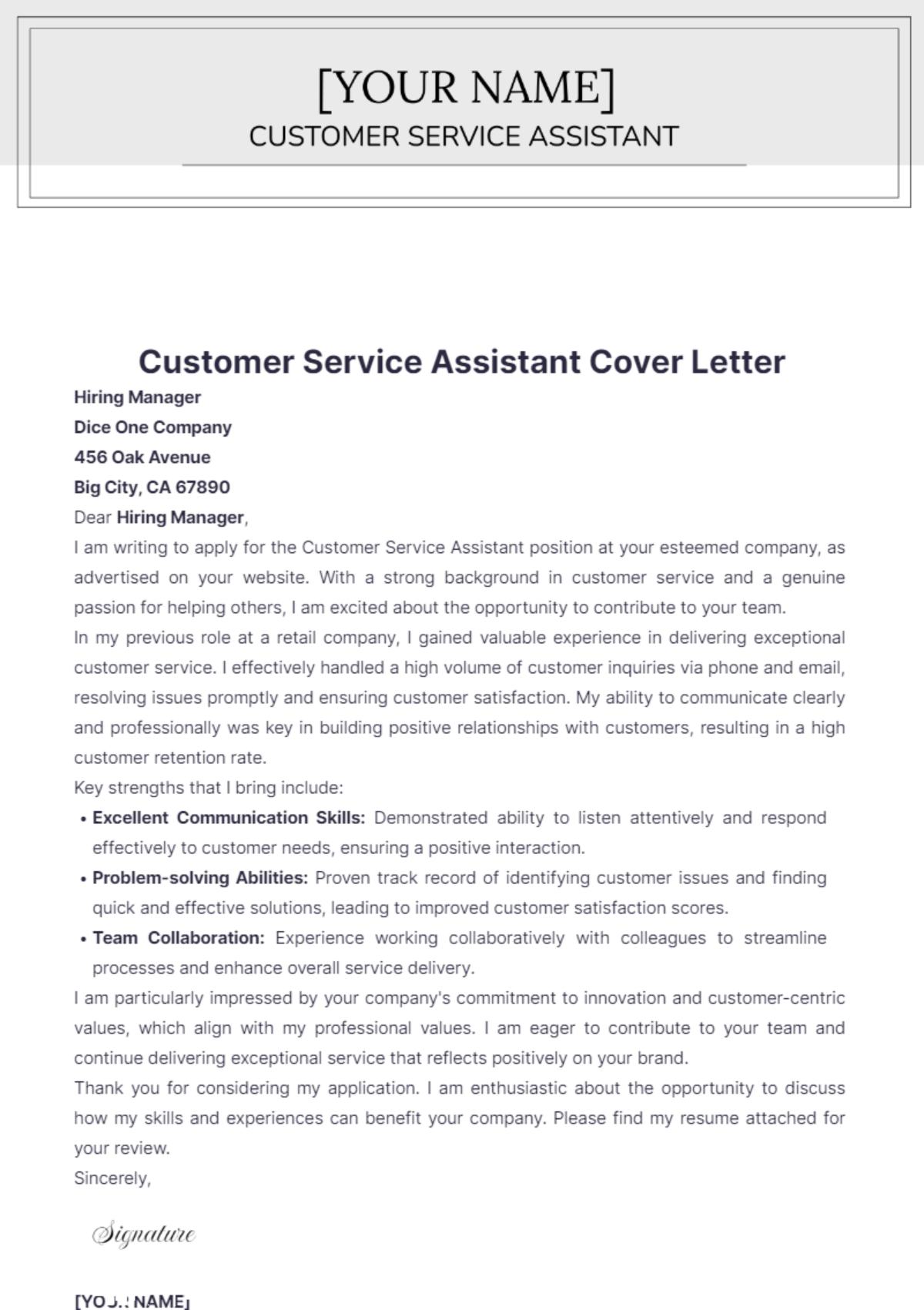 Customer Service Assistant Cover Letter - Edit Online & Download