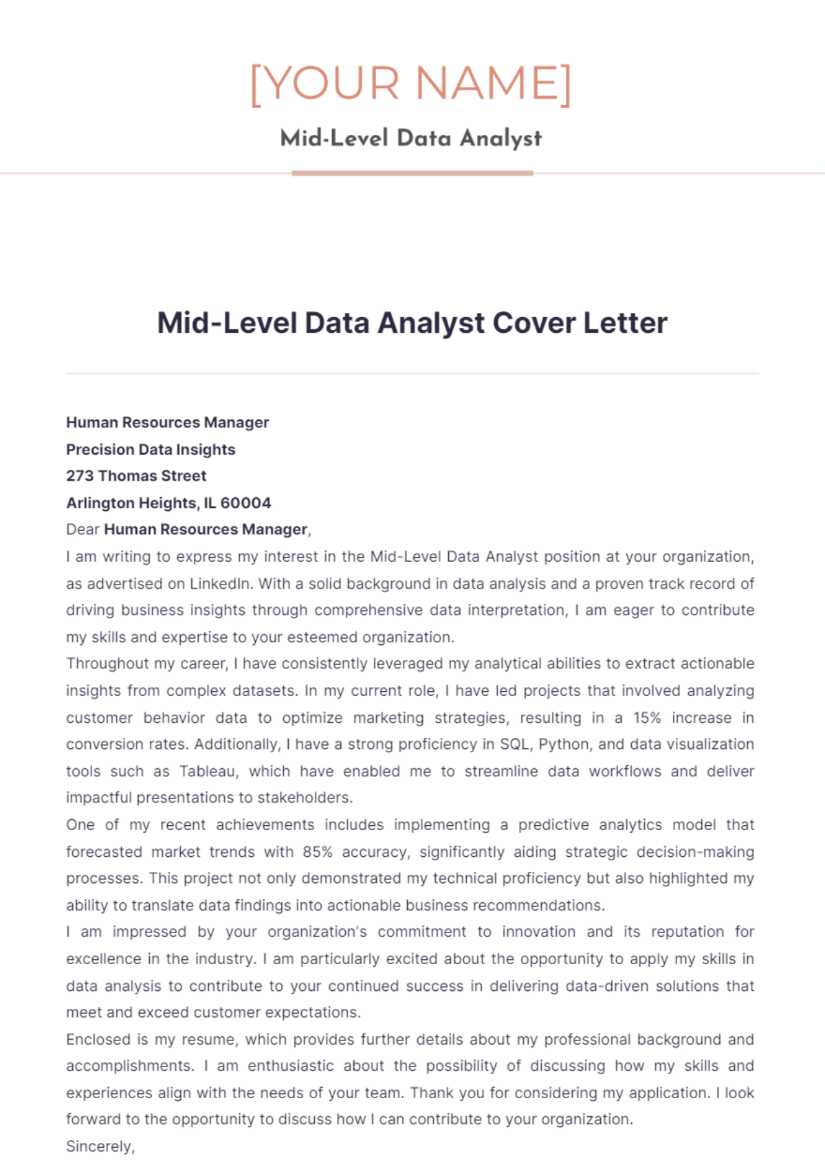 Mid-Level Data Analyst Cover Letter - Edit Online & Download