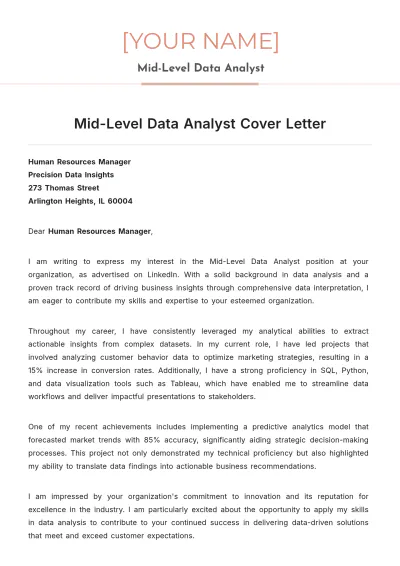Free Mid-Level Data Analyst Cover Letter to Edit Online